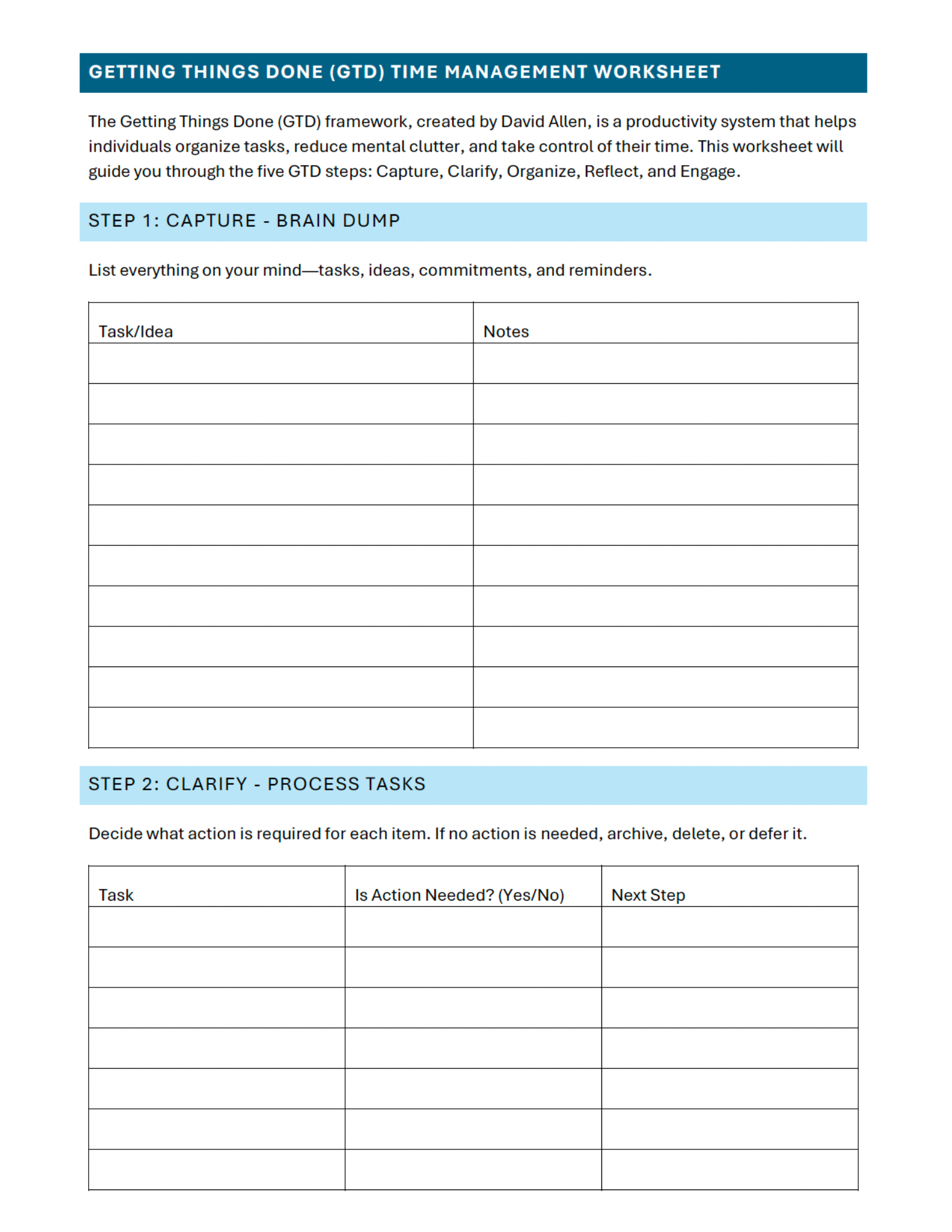 GTD Framework Time Management Worksheet