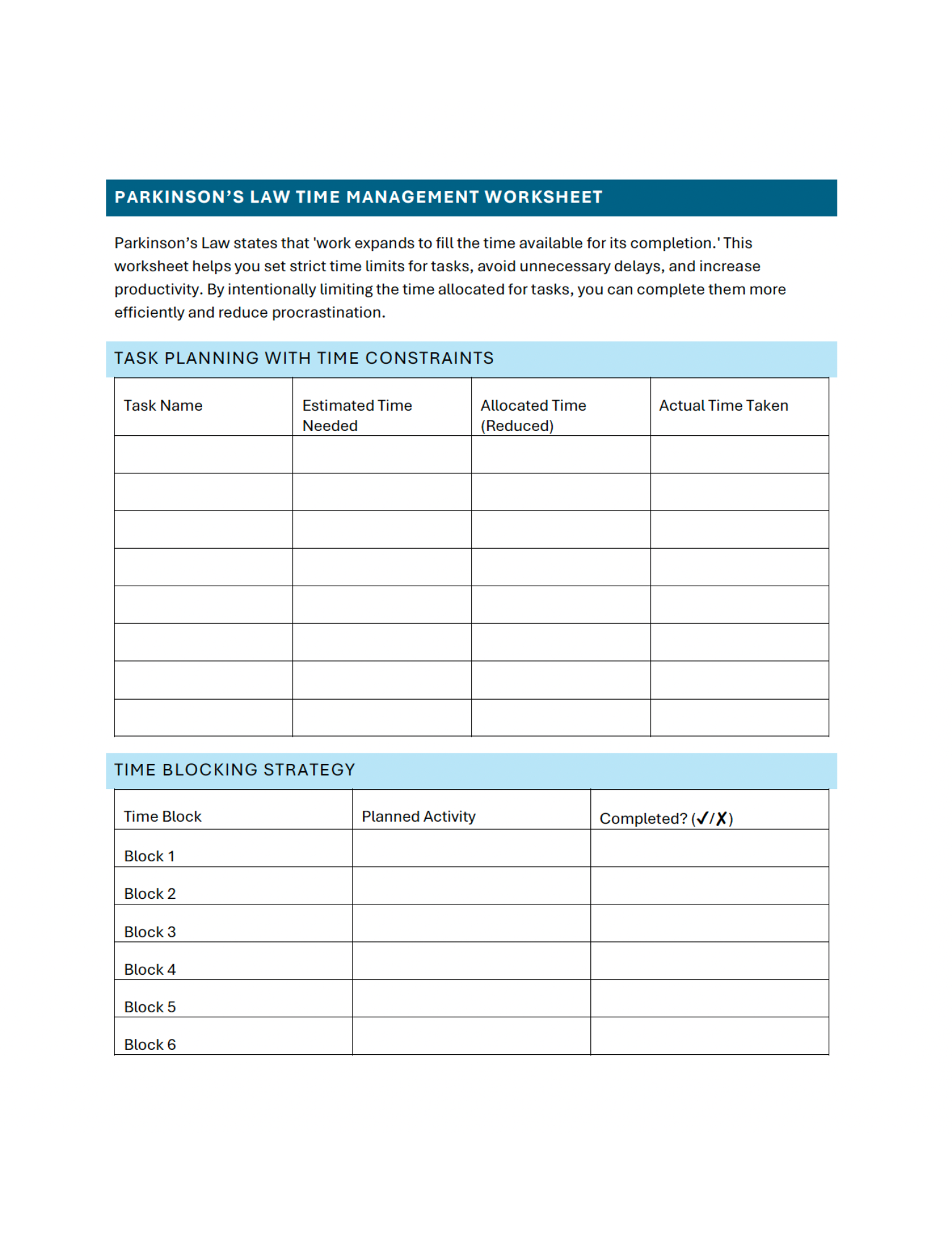 Parkinson's Law Time Management Worksheet