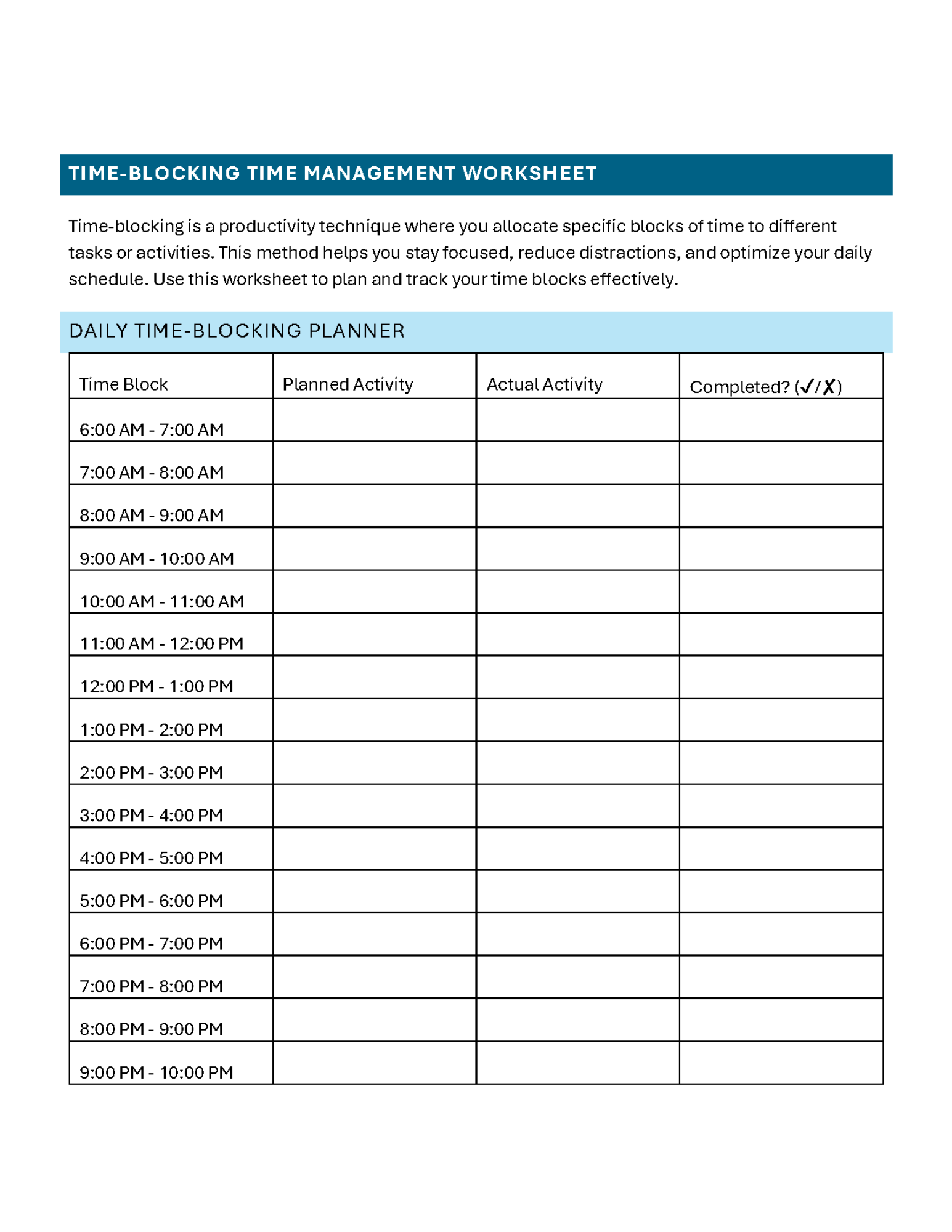 Time Blocking Time Management Worksheet